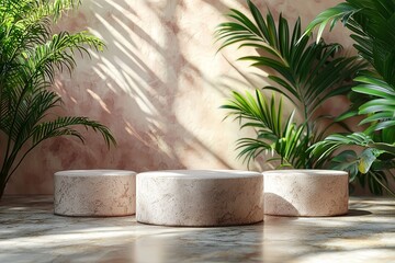 Obraz premium Abstract white stone pedestals with palm leaves in the background, ideal for a minimalistic product presentation design.