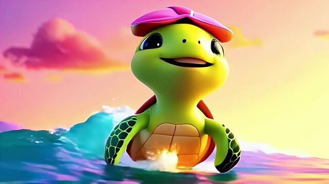 Charming Cartoon Turtle Swims in Ocean Wave with Pink Hat at Sunrise A Cheerful Scene with Vibrant Colors Perfect for Decoration and Childrens Content