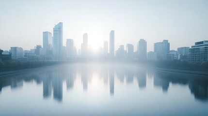 Fototapeta premium Urban sunrise reflection over calm water cityscape viewpoint aesthetic photography tranquil environment