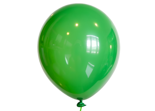 Glossy green balloon with vibrant reflective surface and smooth texture floating isolated on transparent background.
