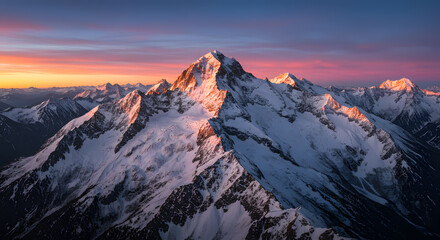 Fototapeta premium Snowy Mountain Peaks at Sunset with Pink and Orange Sky