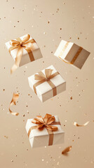 Obraz premium Three elegant gift boxes floating on an ivory-colored background, perfect for festive, birthday, or celebration themes. Minimalist, clean, and stylish design