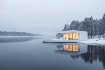 Fototapeta premium Modular Floating House on Calm Lake with Clean White Surfaces, Glass, Wood Accents & Smart Home Features