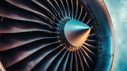 A detailed view of a jet engine against a neutral white background