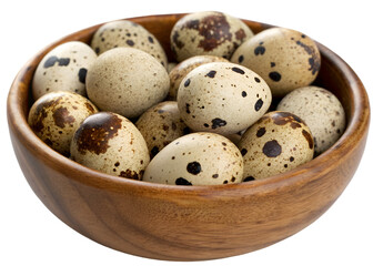 Obraz premium Wooden bowl filled with fresh speckled quail eggs, smooth shells and natural pattern isolated on transparent background. 