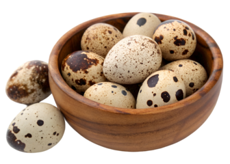 Wooden bowl filled with fresh speckled quail eggs, smooth shells and natural pattern isolated on transparent background.
