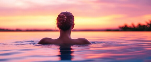 Serene Sunset Swim: A Woman's Tranquil Moment in a Vibrant Infinity Pool