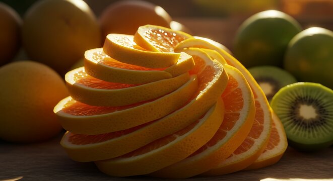 Sunlit Citrus Sculpture:  Oranges and Kiwis in Artistic Arrangement