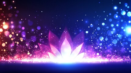 radiant neon mandala flower with glowing pink and blue petals, symmetrical futuristic floral pattern on black background, digital artwork of luminous bloom in psychedelic style for modern design