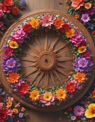 Intricate wooden flower wheel, stunning array of colorful blossoms  , spring, art, design