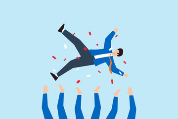Flat illustration of colleagues throw boss into air with confetti celebrating job promotion team success winning prize goal achievement