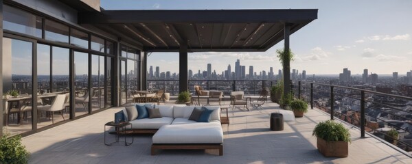 Fototapeta premium Modern condo unit, city view, rooftop terrace, bright, terrace, lifestyle