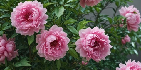 Luscious pink peonies, vibrant green leaves, close-up view ,  photography,  summer,  macro