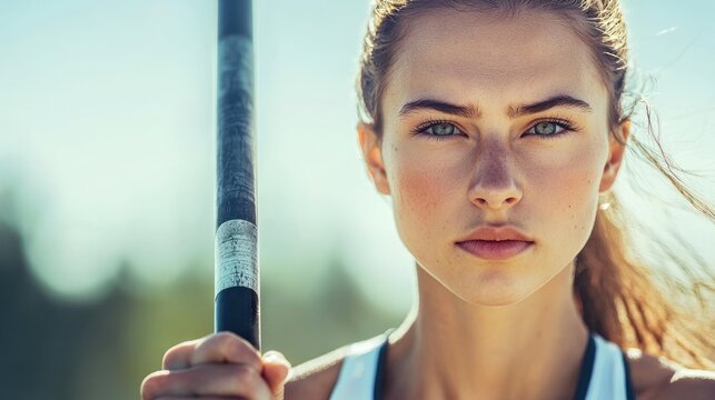 A determined female athlete holding a javelin spear, ready to compete - Powered by Adobe