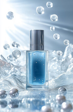 A bottle of osm skin serum with bubbles and pearls on a light blue and white shiny background