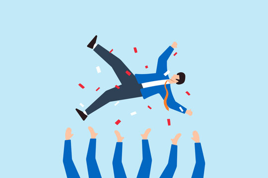 Flat illustration of colleagues throw boss into air with confetti celebrating job promotion team success winning prize goal achievement