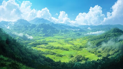 Obraz premium Lush green valley and rugged mountains meet blue skies and puffy clouds