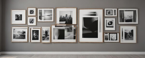 Modern gallery wall, various frame sizes & styles, blank canvases,  minimalist,  empty space