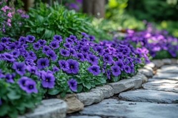 Obraz premium Vibrant purple flowers border a stone pathway