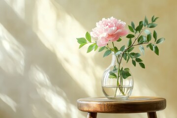Fototapeta premium Delicate pink peony in a glass vase, bathed in sunlight.