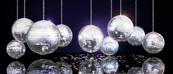 Sparkling disco balls suspended in a dark space.