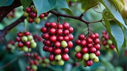 Obraz premium Close-up shot focusing on a branch laden with clusters of berries with a mixture of ripe, deep red berries and unripe, pale green berries