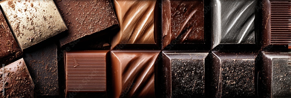Poster Detailed Macro View of Shiny Textured Chocolate Bar Broken Into Squares, Showcasing Rich Colors and Intricate Patterns