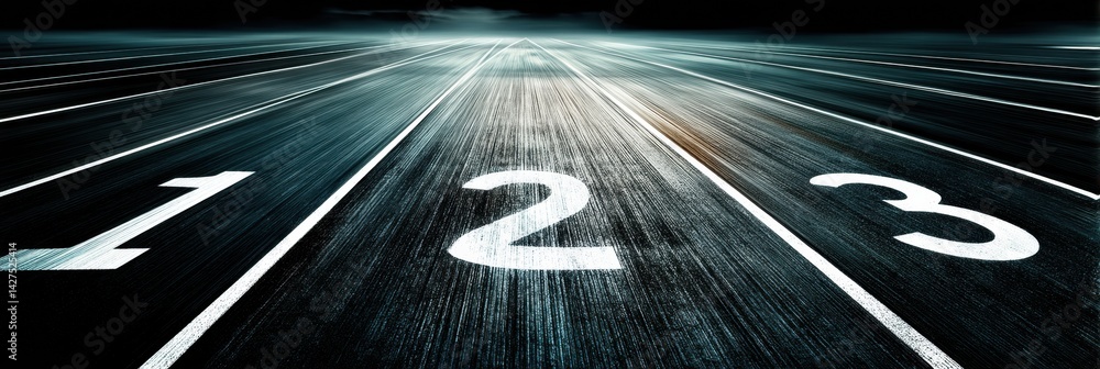 Poster minimalist running track lanes numbered one to three with light shadows at dawn