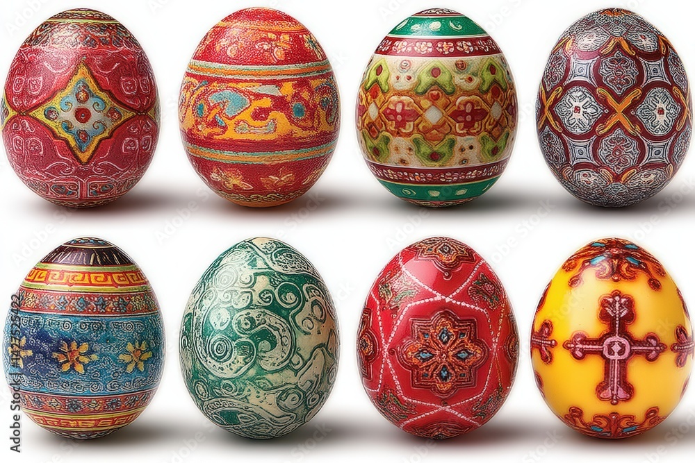 Poster decoratively painted eggs with intricate patterns and colors.