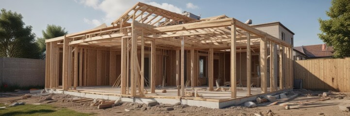 Modern home extension framing, new construction progress,  beams,  progress,  investment