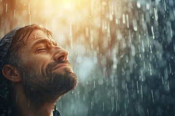 A man looking up at the sky as gentle rain falls on his face, expression full of longing and bittersweet memories.