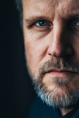 Obraz premium A photorealistic close-up portrait of a 40-year-old man with a cold, emotionless expression, neutral lighting, subtle facial lines, piercing eyes.
