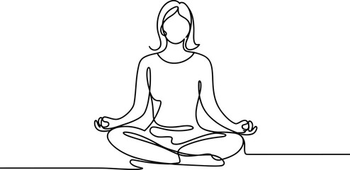 One Line Drawing of Woman Meditating in Lotus Position vector  illustration on  white background
