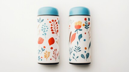 Two insulated water bottles, featuring a floral and leaf design in muted tones