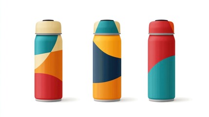 Three colorful, geometric-patterned insulated water bottles