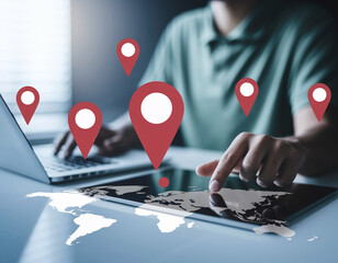 Global Connectivity: Person using digital devices to access world map data