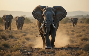 Obraz premium Elephant Walking on Dusty Ground in African Savannah