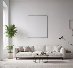 Modern minimalist living room, poster mockup on white wall with clips , minimal, background