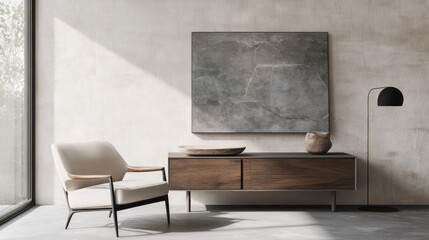 Modern minimalist living room showcasing a muted color palette.