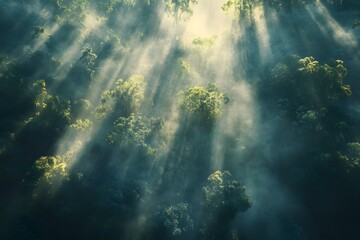 Sun rays shining through the trees creating a mystical atmosphere in the forest canopy view