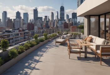 Obraz premium Modern city view apartment, rooftop terrace access, penthouse, balcony, modern