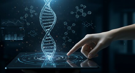 Glowing DNA Helix Interacted with on Futuristic Tablet