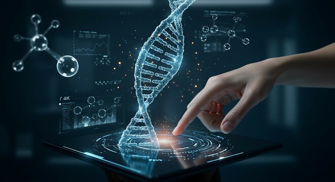 Interactive Holographic DNA: Genetic Code Exploration on Futuristic Tablet