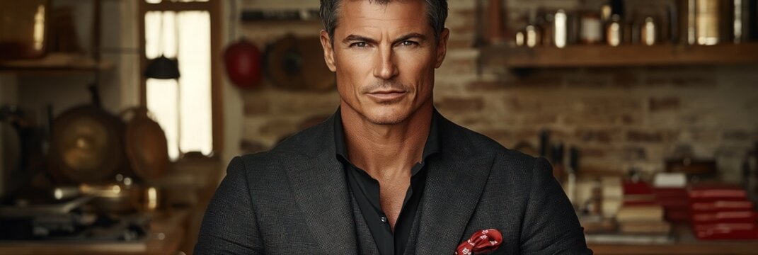 Silver fox in his kitchen Confident man with gray hair dressed in a suit stands in a rustic kitchen