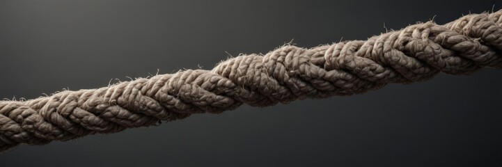 Overstretched rope, frayed fibers, imminent breakage, rope,  material