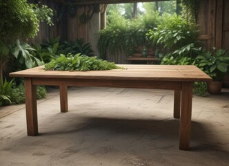 Obraz premium Rustic wooden table with lush greenery, earthy tones, leaf, table, aesthetic