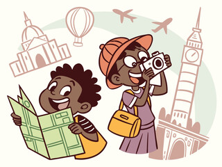 Kids Exploring World: Cartoon Illustration of Travel & Adventure