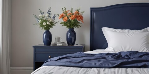 Serene navy blue king bed, vase of flowers on bedside table , bedroom, white