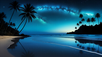 Depicts Tranquil Beach Scene Night. Glowing Bioluminescent Waves Lap Shore Under Dark, Starry Sky, Palm Trees Silhouetted Against Horizon. Jellyfish Is Visible Shallows.