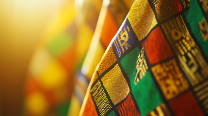 Handwoven Kente cloth with golden Adinkra symbols, celebrating African heritage and unity.